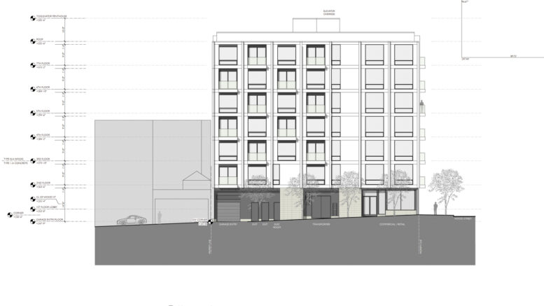 2800 Geary Boulevard south-facing facade, illustration by Kip Coleman Architecture