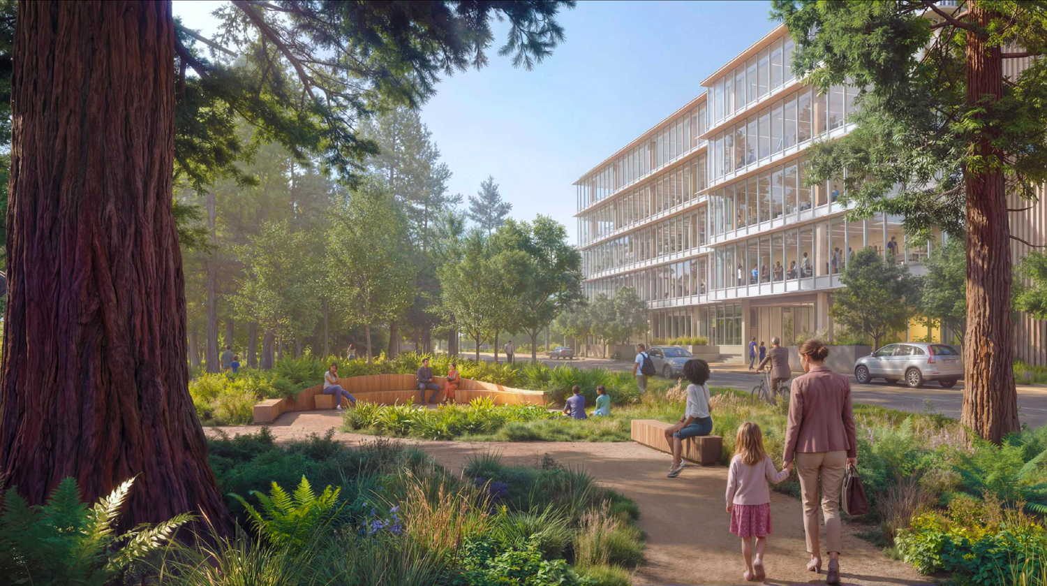 345 Middlefield Road pedestrian view near the expanded Building 15, rendering courtesy Presidio Bay Ventures