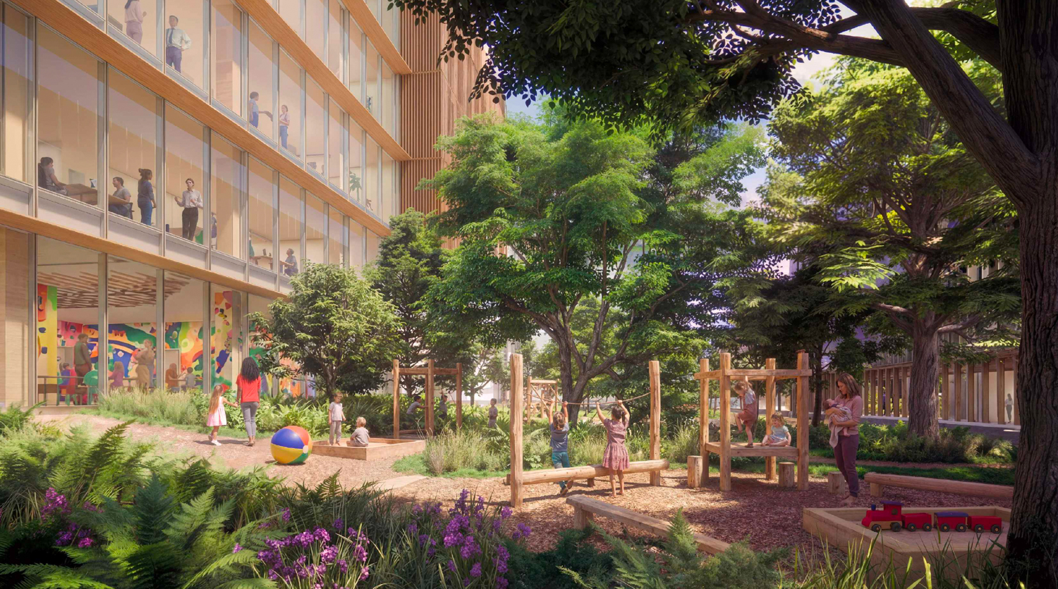 345 Middlefield Road perspective of the playground between two offices, rendering courtesy Presidio Bay Ventures