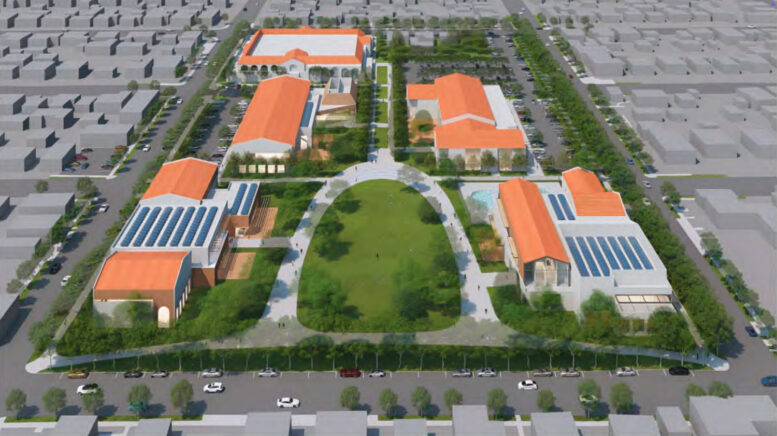 Gilroy Civic Center Master Plan aerial overview, illustration by ELS Architecture and Urban Design