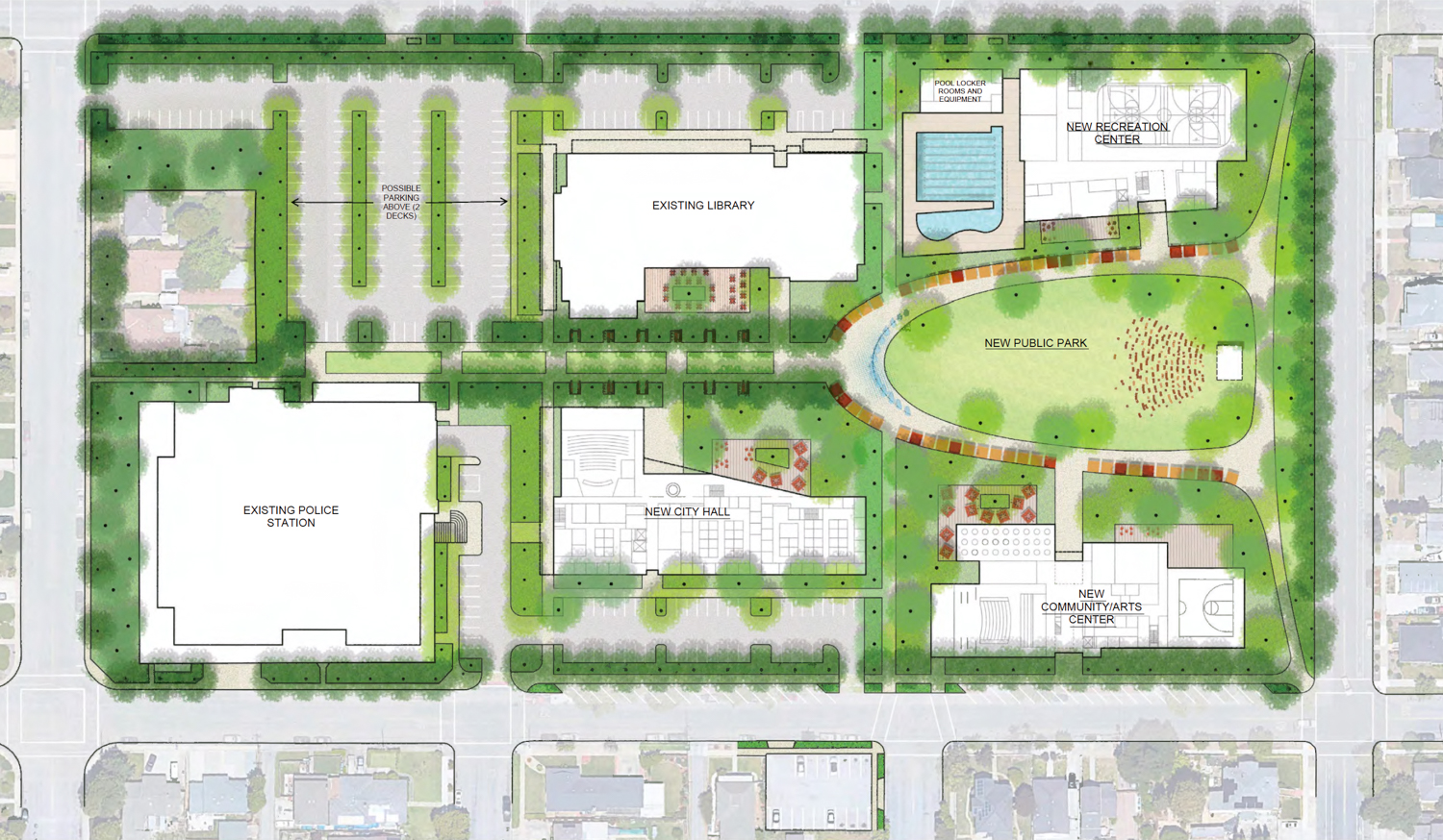Gilroy Civic Center Master Plan overview, illustration by SWA