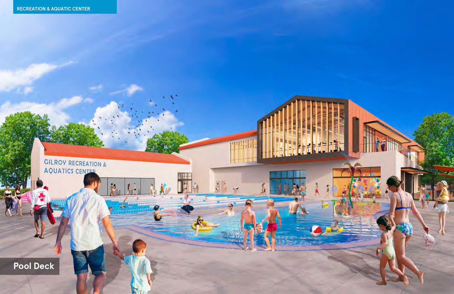 Gilroy Civic Center Master Plan view of the new pool, illustration by ELS Architecture and Urban Design
