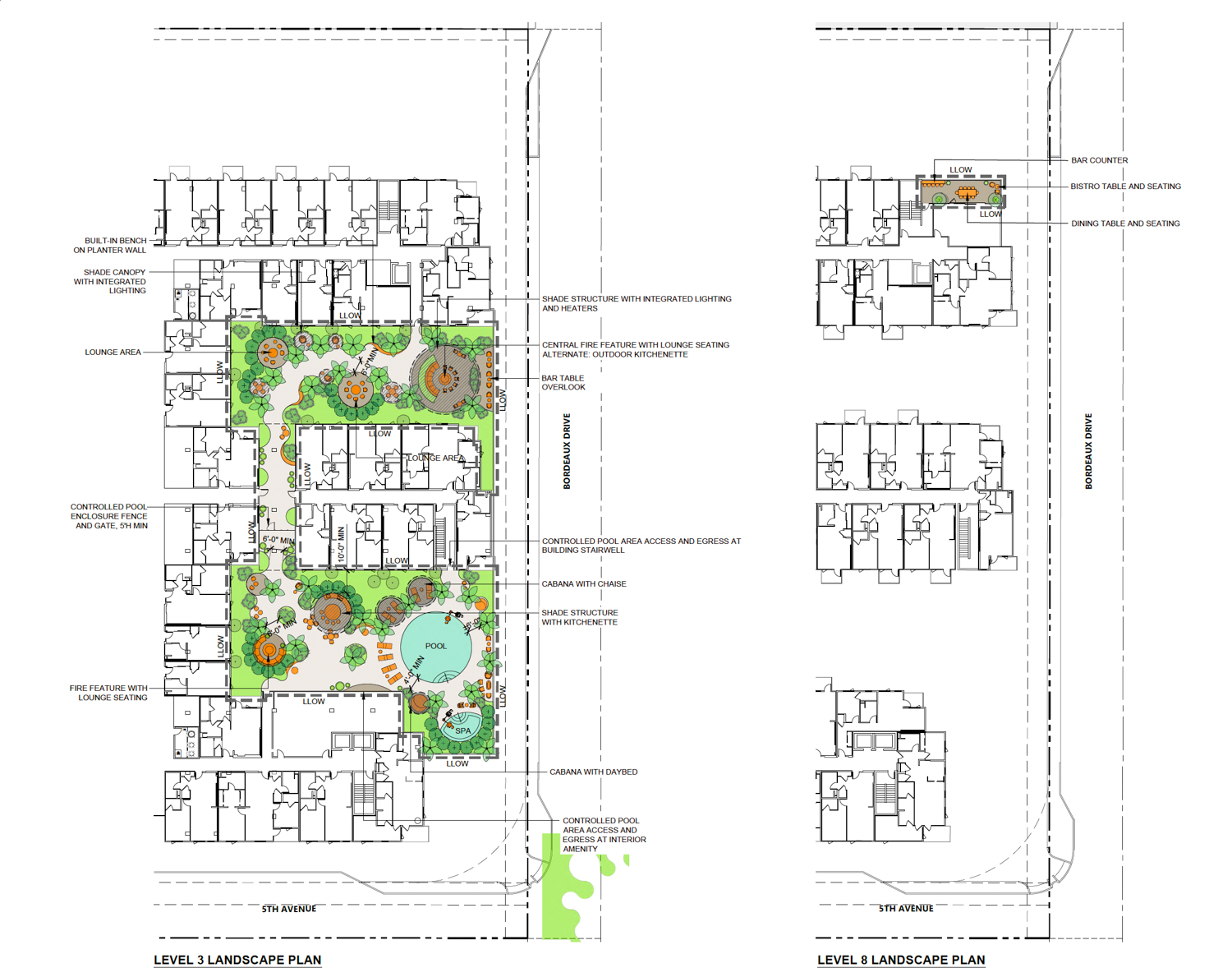 1215 Bordeaux Drive courtyard and rooftop-deck landscaping plan, illustration by Bionic