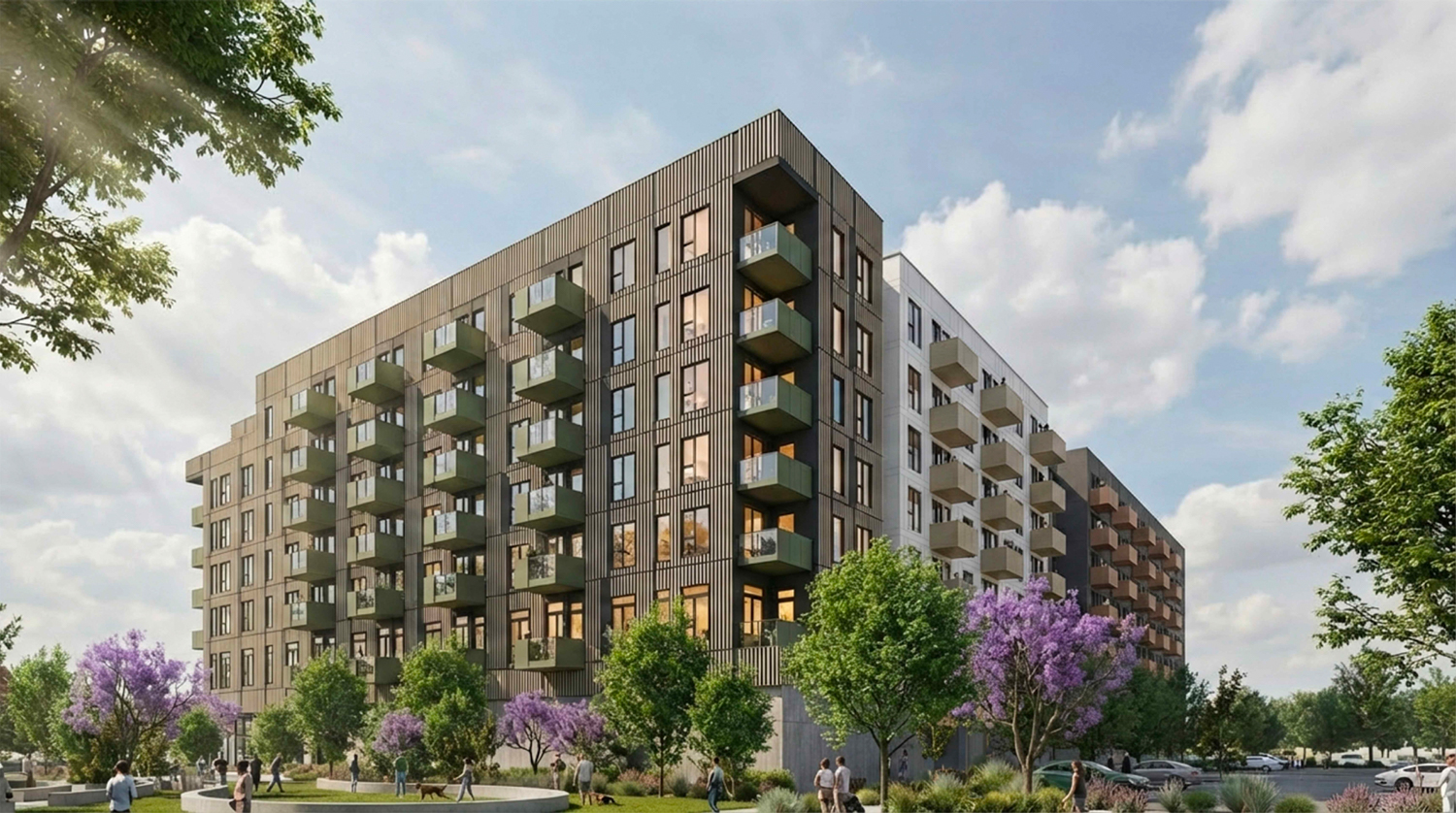 1215 Bordeaux Drive northwest view looking across the Bordeaux Neighborhood Park, rendering by KTGY