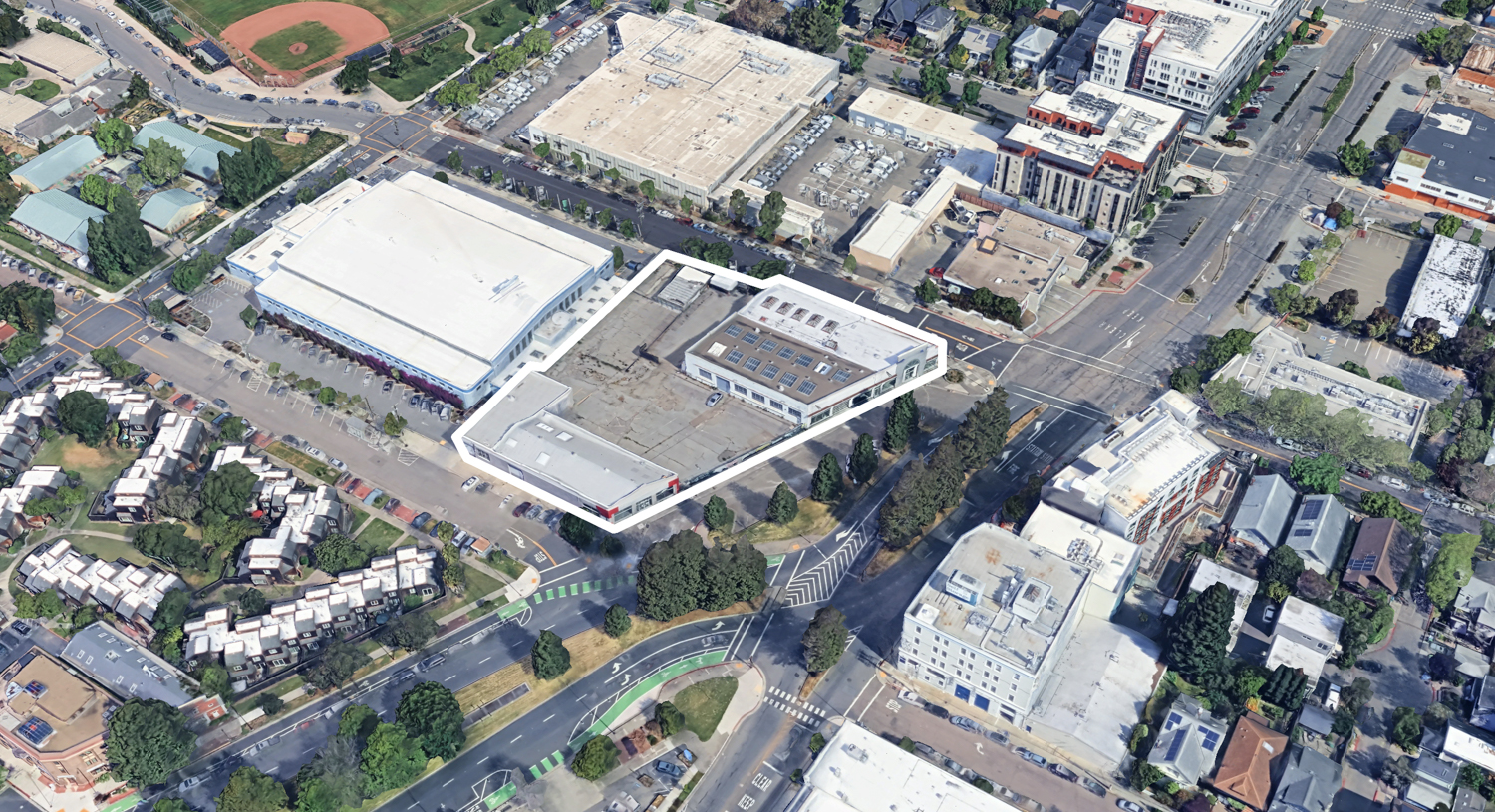 2700 Shattuck Avenue, image via Google Satellite outlined approximately by YIMBY