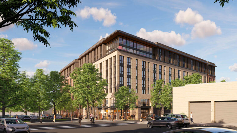 2700 Shattuck Avenue pedestrian view from across Shattuck Avenue and Adeline Street, rendering by SDT Architects