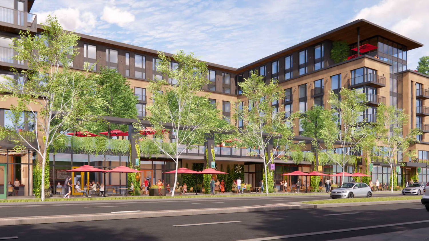 490 East Middlefield Road pedestrian view showcasing the podium-top courtyard, rendering by SDT Architects