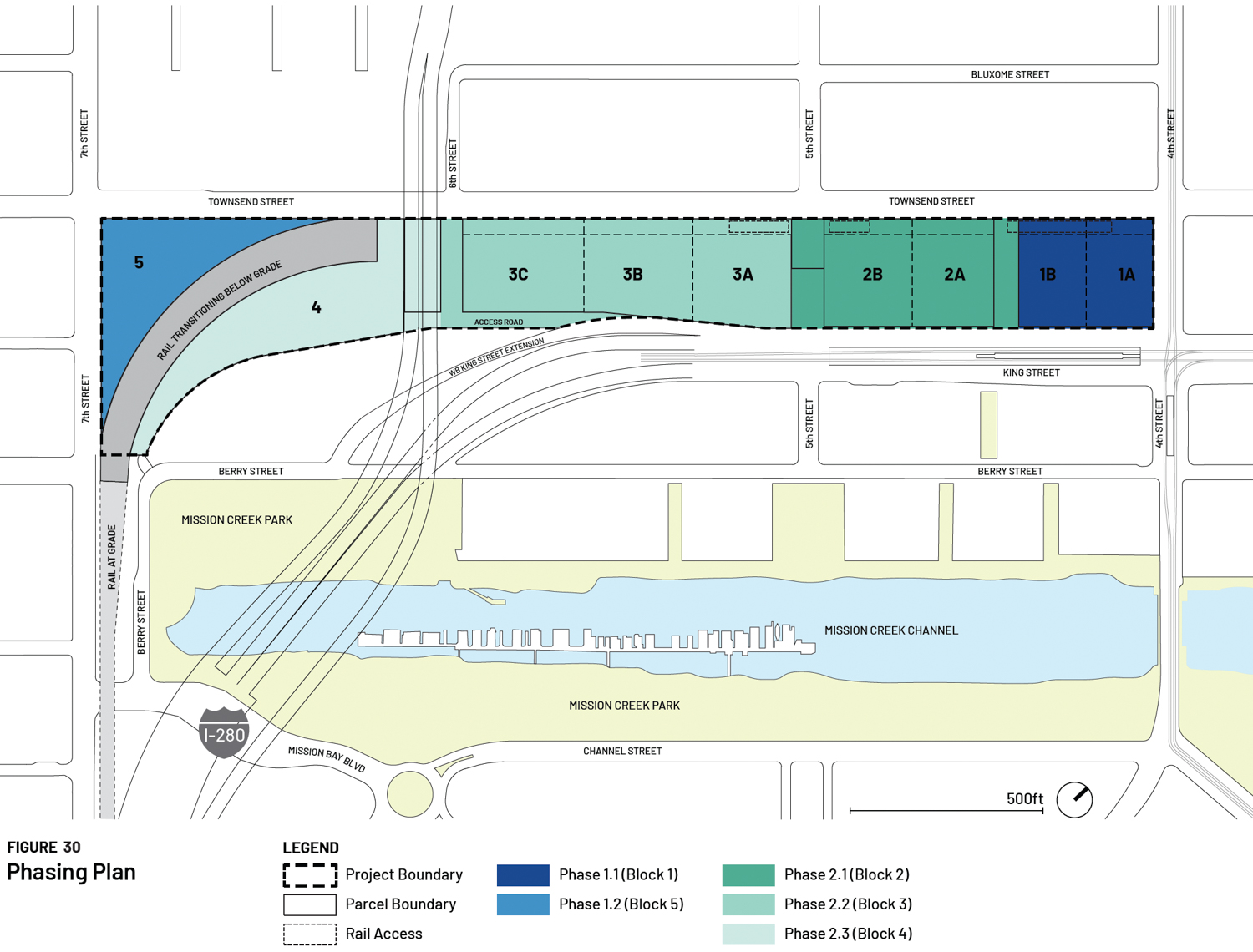 Caltrain San Francisco Railyards estimated construction phase map, illustration by Prologis