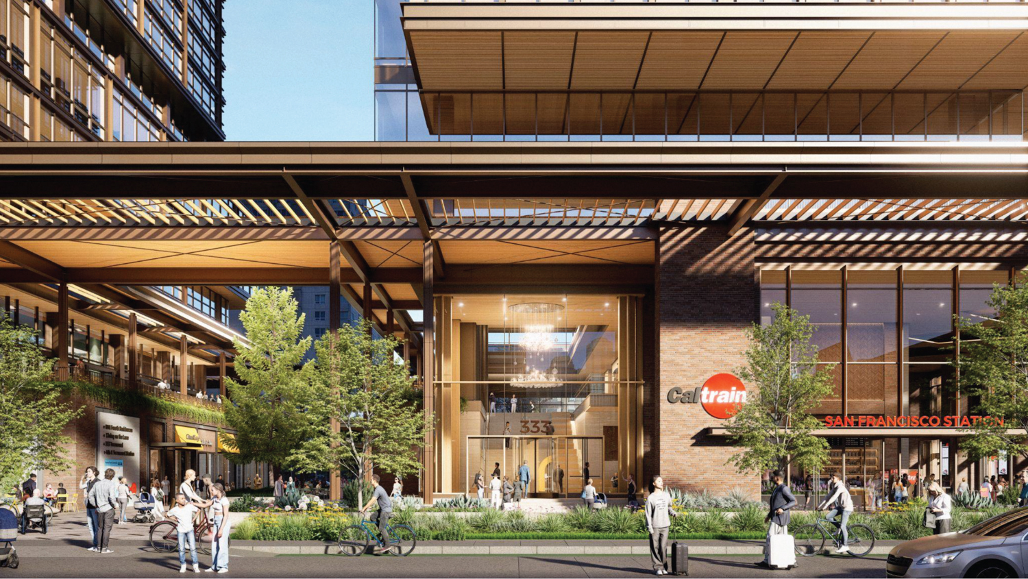 Caltrain San Francisco Railyards front view of the new station entrance, rendering by Prologis