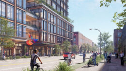 Caltrain San Francisco Railyards pedestrian view at 7th and Townsend, rendering by Prologis