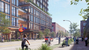 Caltrain San Francisco Railyards pedestrian view at 7th and Townsend, rendering by Prologis