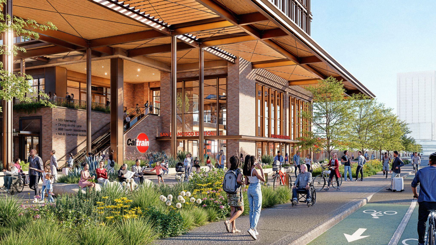 Caltrain San Francisco Railyards sidewalk view of the new Train Station, rendering by Prologis