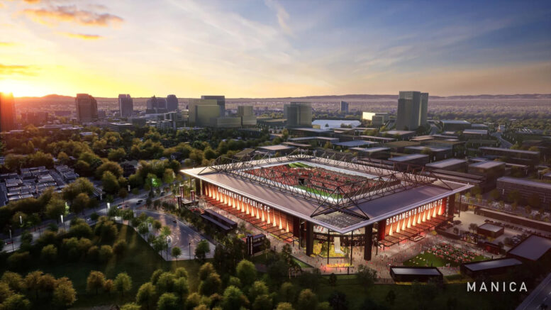 Sacramento Republic FC stadium aerial view, rendering by MANICA