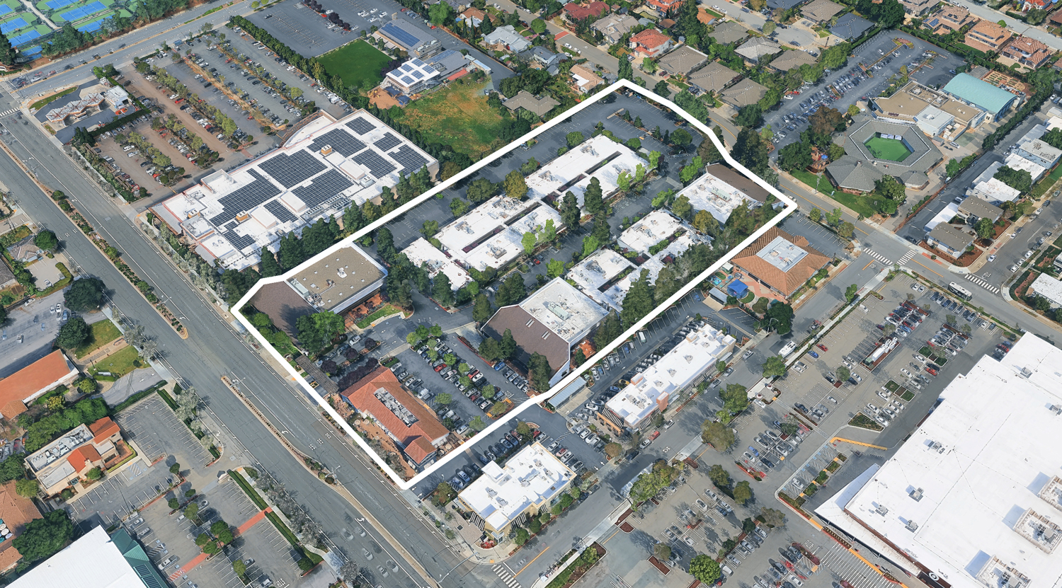 20883 Stevens Creek Boulevard, image via Google Satellite outlined approximately by YIMBY