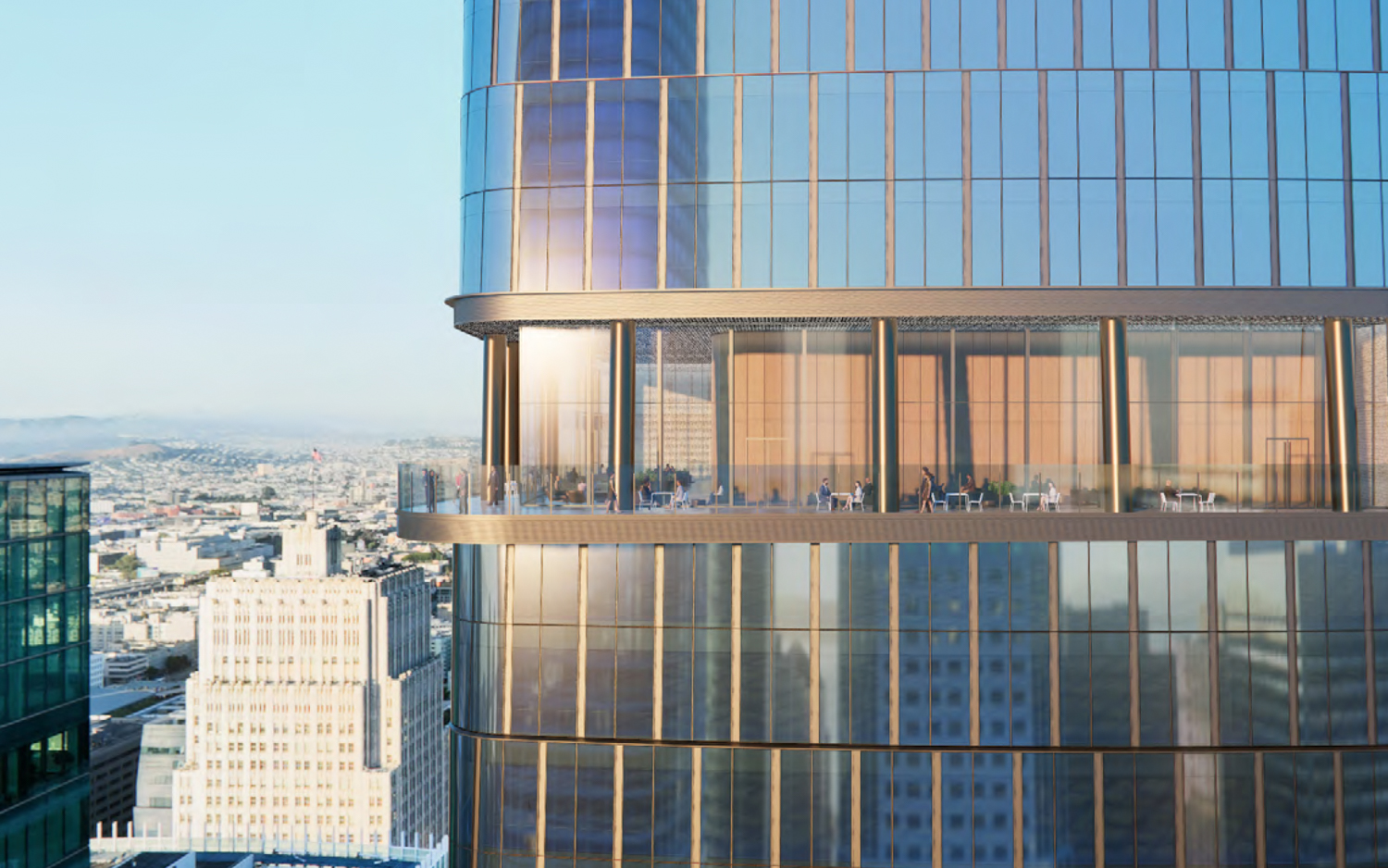 536 Mission Street office iteration aerial view of the amenity deck, rendering by SOM