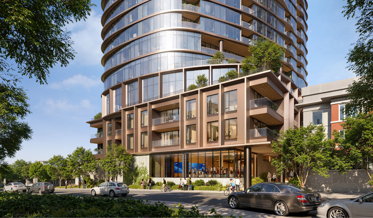 5727 College Avenue podium detail view, rendering by Solomon Cordwell Buenz