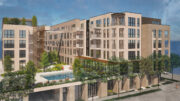715 North San Mateo Drive aerial view over the podium-top pool deck, rendering by Winder Gibson Architects