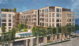 715 North San Mateo Drive aerial view over the podium-top pool deck, rendering by Winder Gibson Architects
