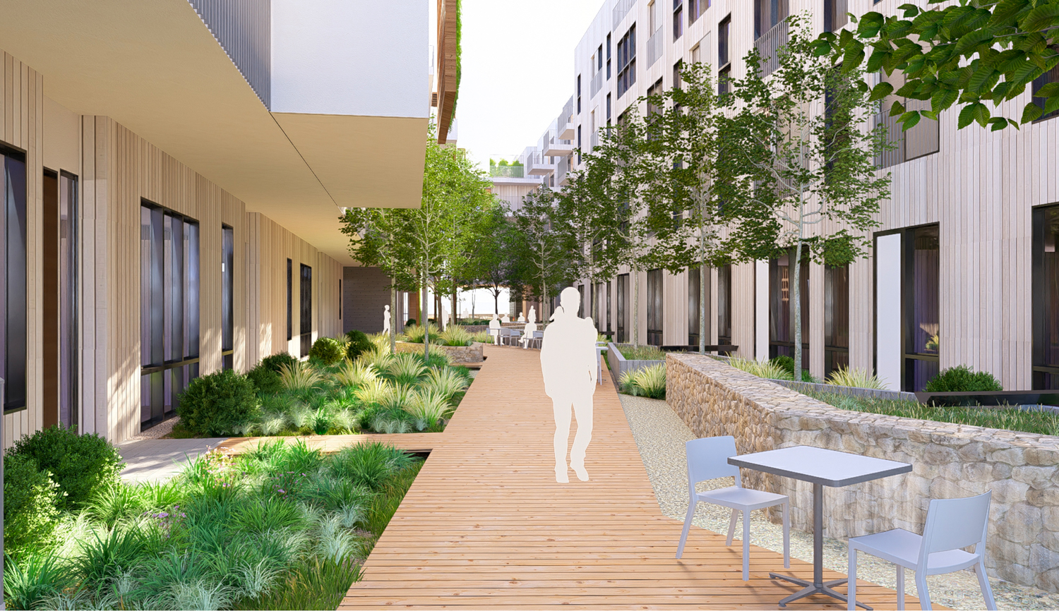 715 North San Mateo Drive podium-top courtyard, rendering by Winder Gibson Architects