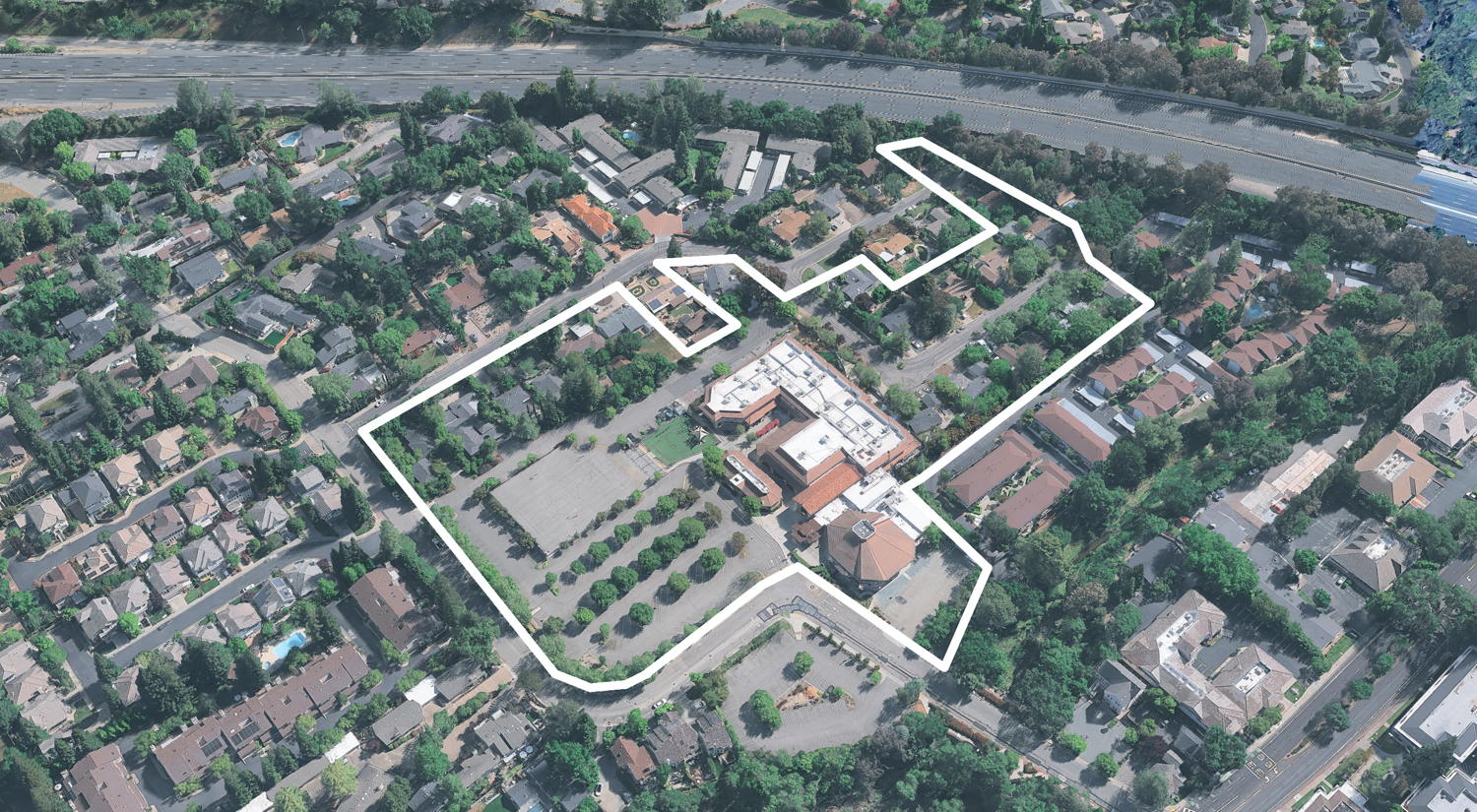 Community Presbyterian Church master plan outlined approximately by YIMBY, image via Google Satellite