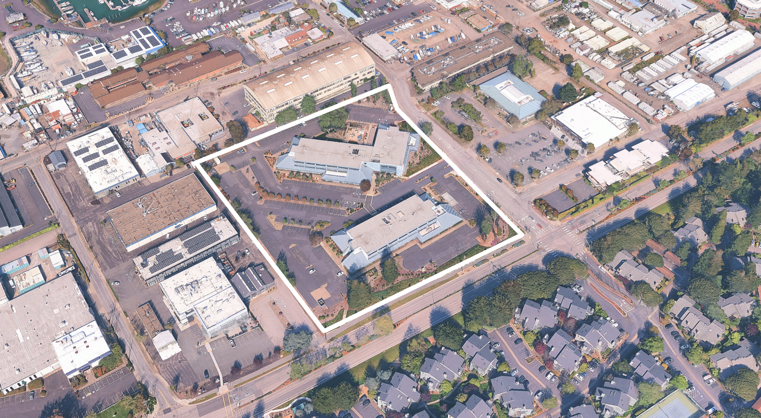 One and Three Harbor Drive, image via Google Satellite outlined approximately by YIMBY