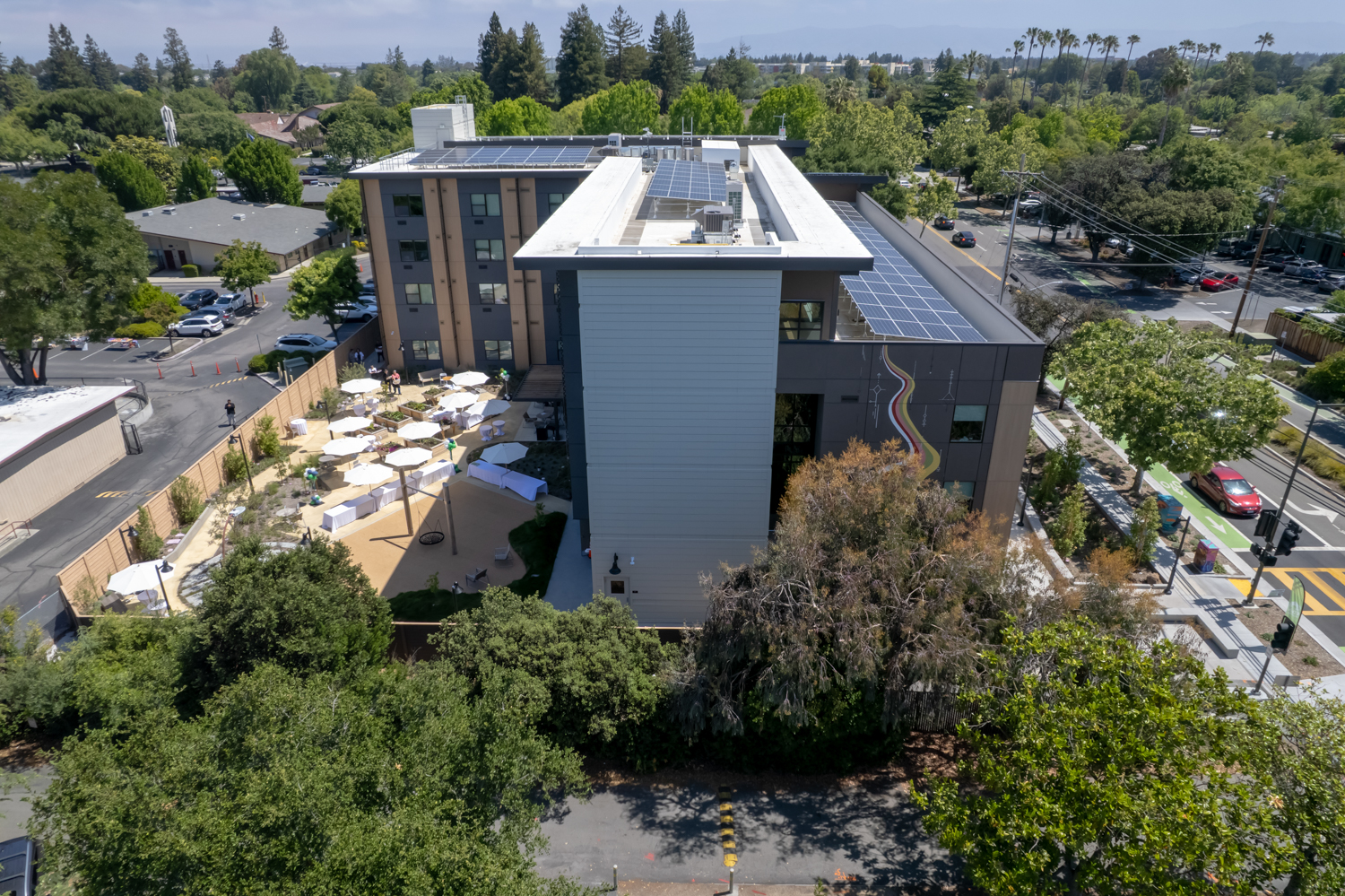 525 East Charleston Road drone view showing the rear courtyard, image courtesy Eden Housing