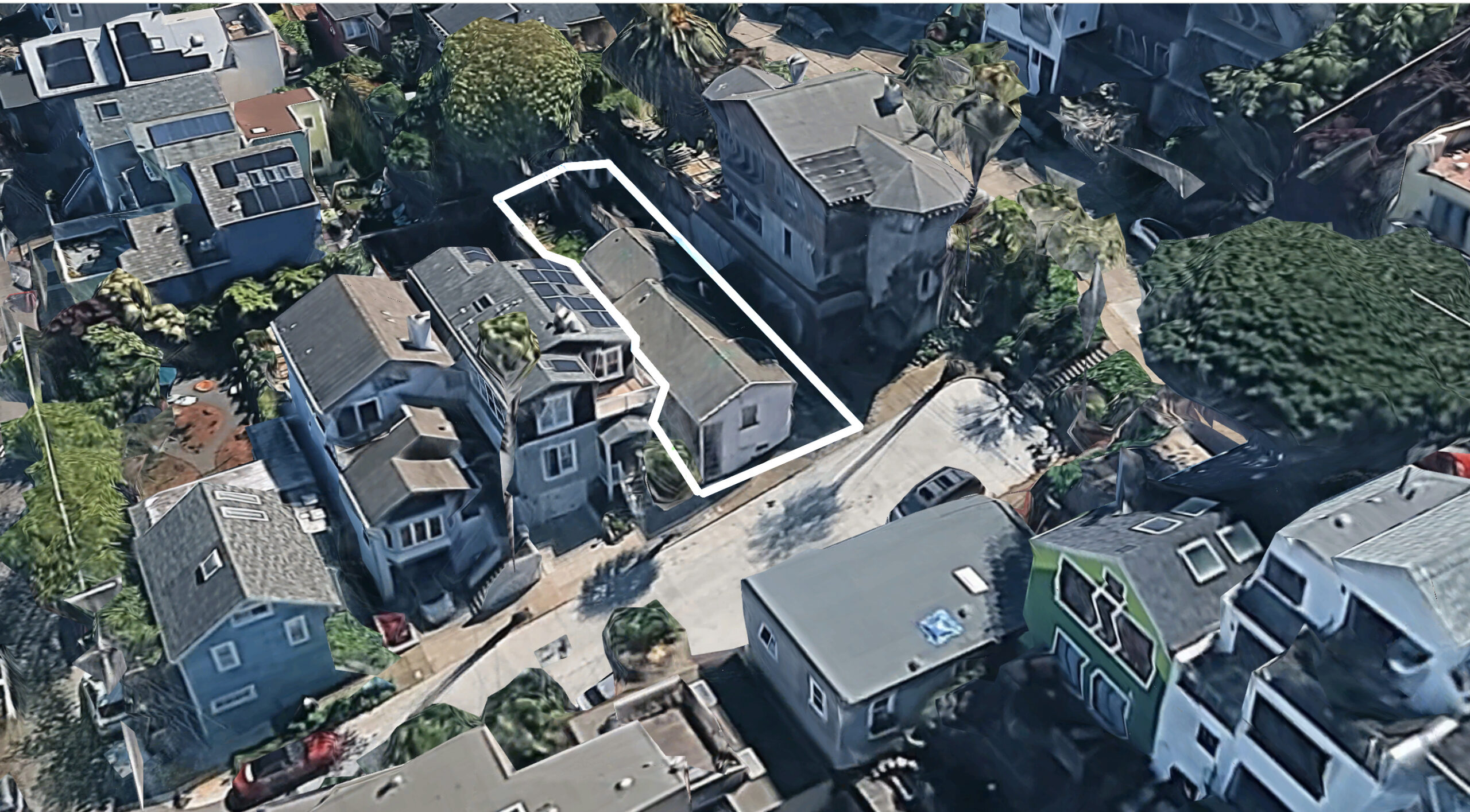 107 Franconia Street, image via Google Satellite outlined approximately by YIMBY