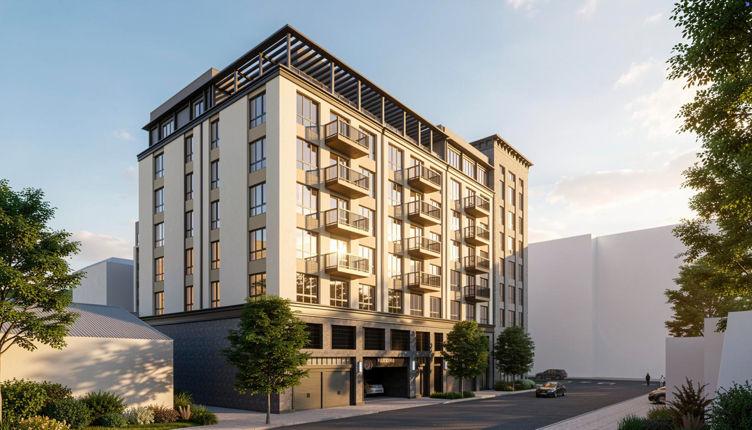 1330 El Camino Real aerial view over Madison Avenue, rendering by BDE Architecture