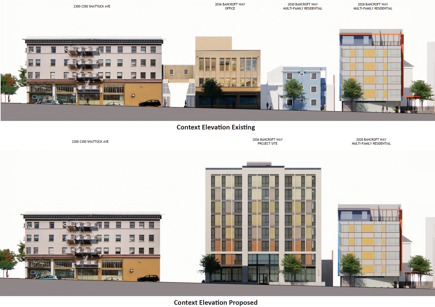 2036 Bancroft Way existing condition (top) and proposed condition (bottom), illustration by Studio KDA