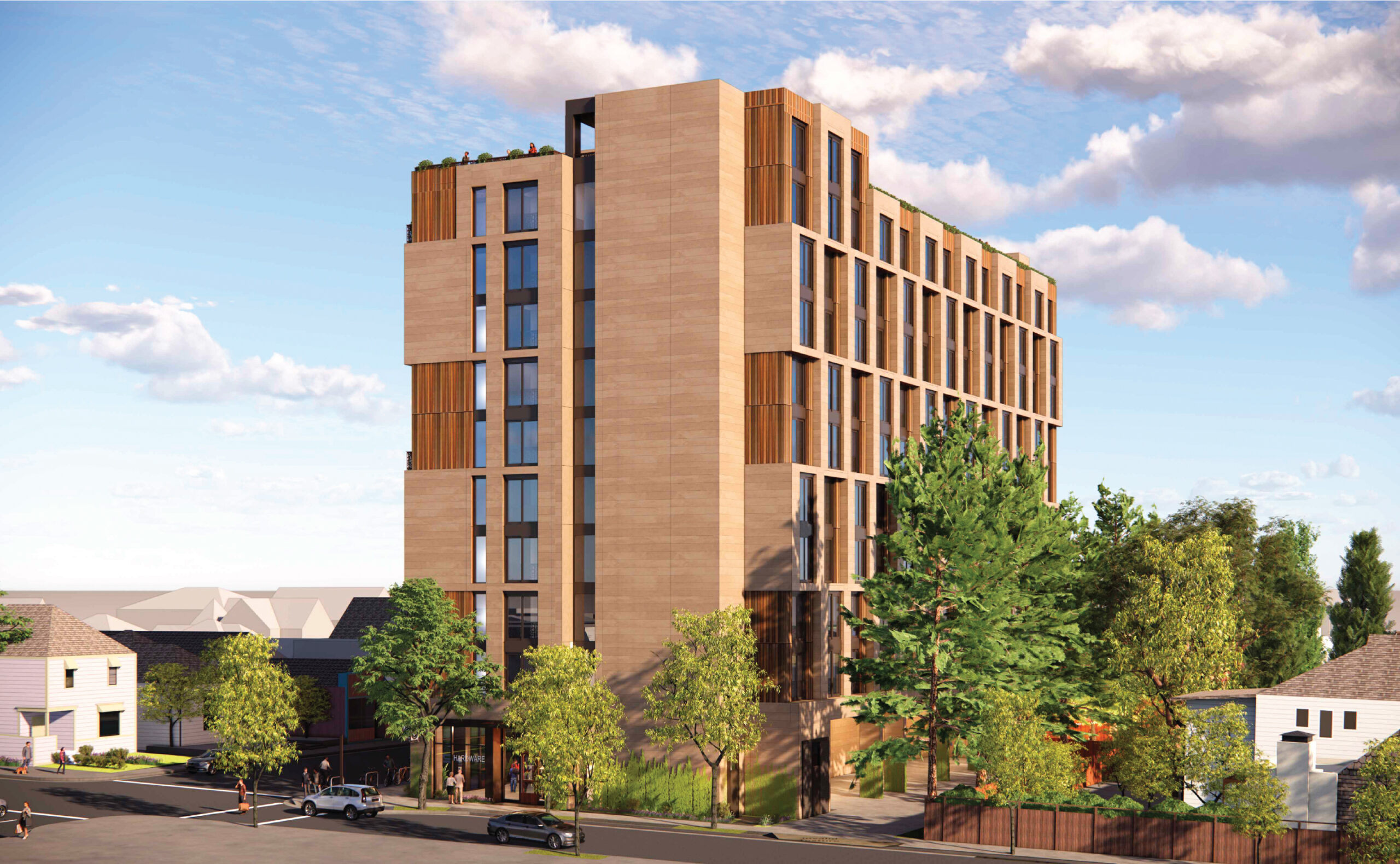 2920 Shattuck Avenue seen from across Ashby Avenue, rendering by SDT Architects