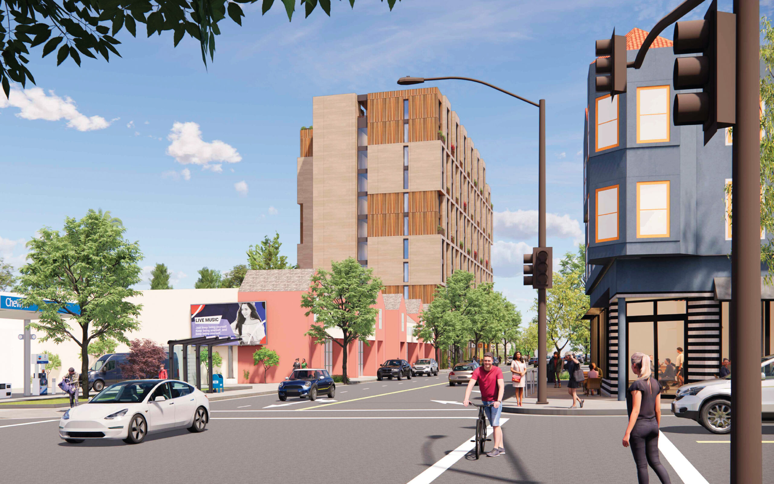2920 Shattuck Avenue seen from across Ashby Avenue, rendering by SDT Architects