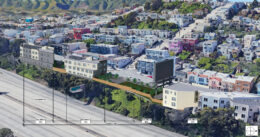 3333 San Bruno Avenue aerial view from over the freeway, rendering by Schaub Li Architects