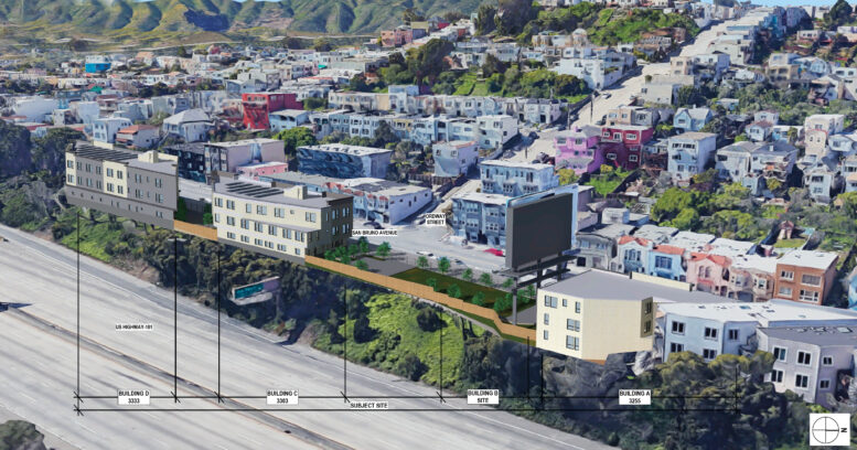 3333 San Bruno Avenue aerial view from over the freeway, rendering by Schaub Li Architects