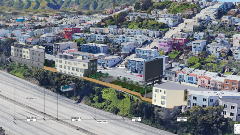 3333 San Bruno Avenue aerial view from over the freeway, rendering by Schaub Li Architects
