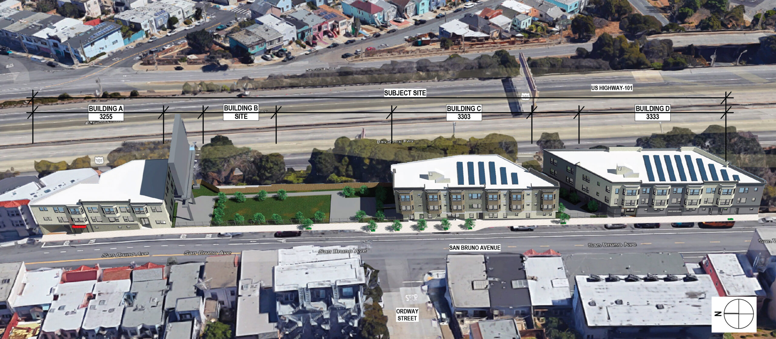 3333 San Bruno Avenue aerial view, rendering by Schaub Li Architects