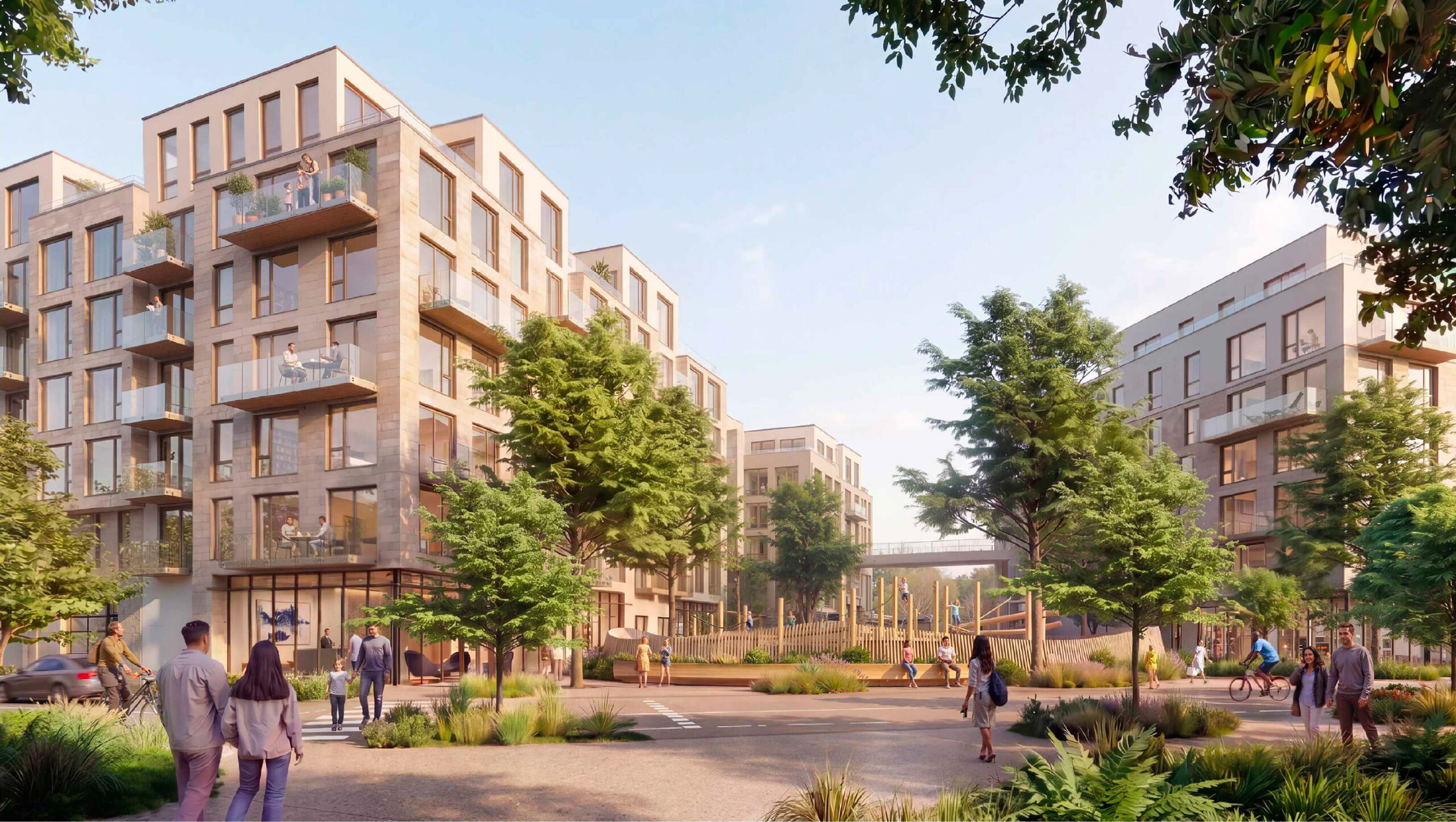 345 Middlefield Road facing the neighborhood plaza between residential buildings C and D, rendering by Gensler