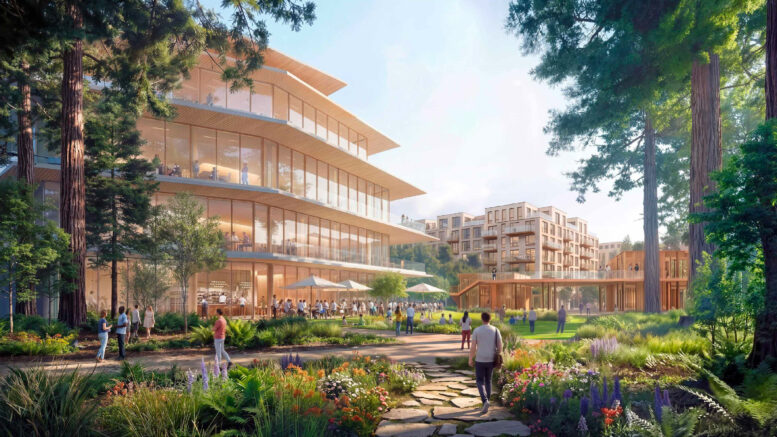 345 Middlefield Road pedestrian view from Redwood Meadow, rendering by Gensler
