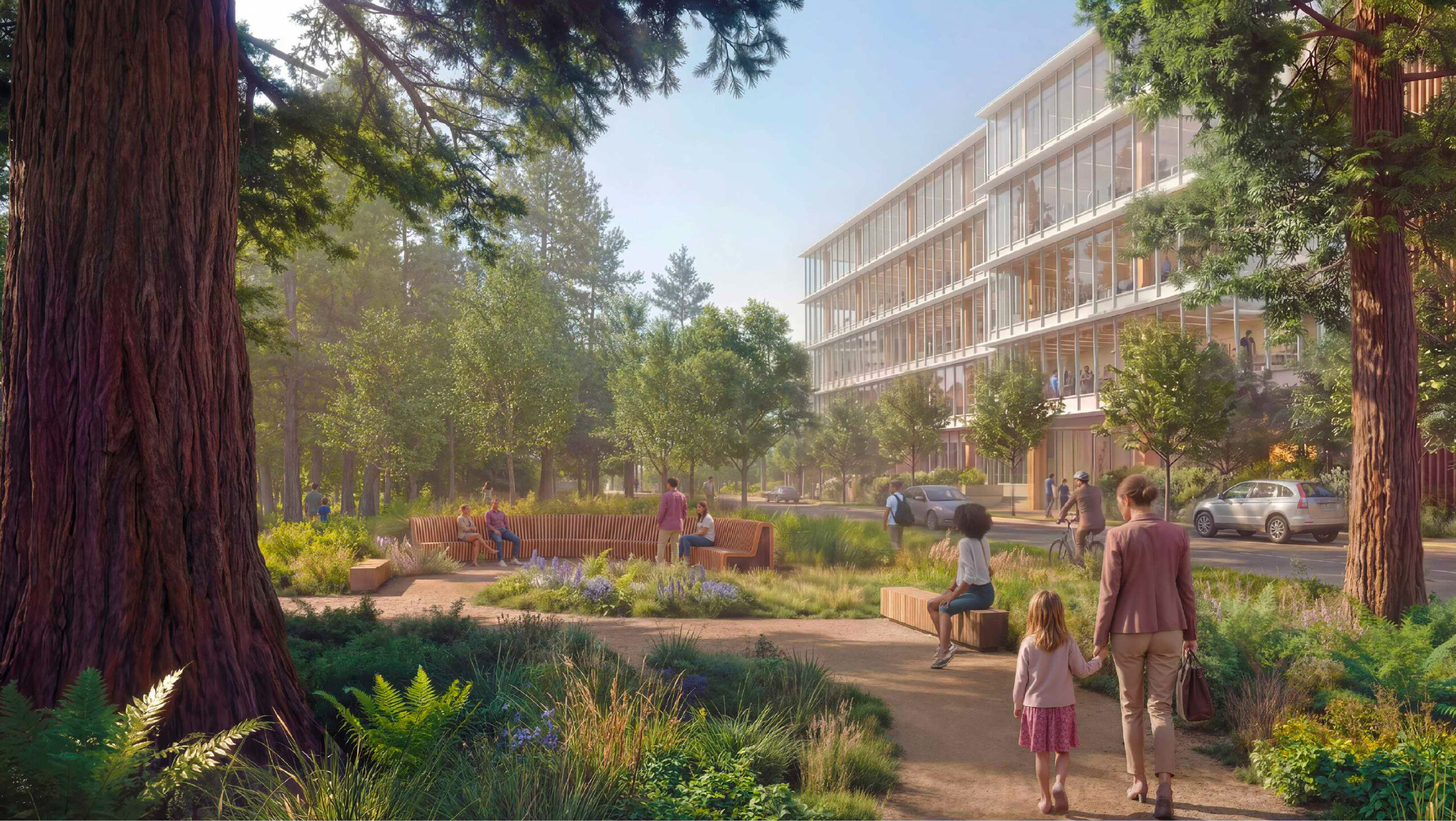 345 Middlefield Road pedestrian view from the Middlefield Road entrance, rendering by Gensler