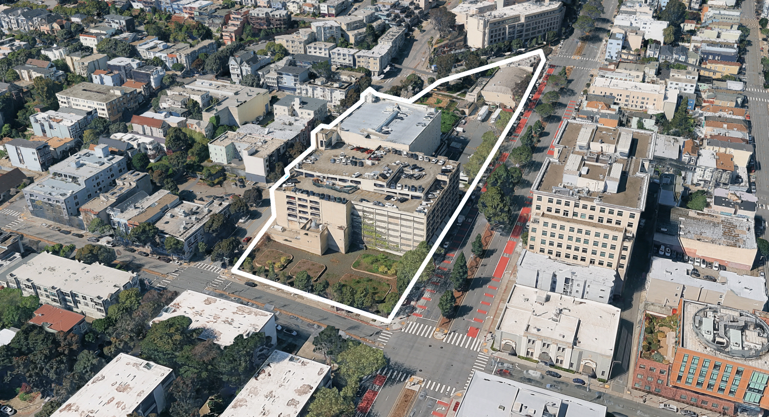 Kaiser Permanente San Francisco existing condition, image via Google Satellite outlined approximately by YIMBY