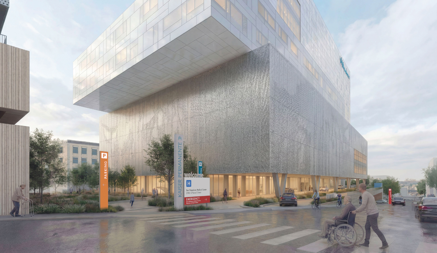 Kaiser Permanente San Francisco replacement hospital pedestrian pathway from along O'Farrell Street, rendering by Perkins&Will