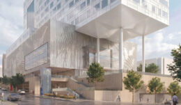 Kaiser Permanente San Francisco replacement hospital pedestrian view from across Divisadero Street, rendering by Perkins&Will
