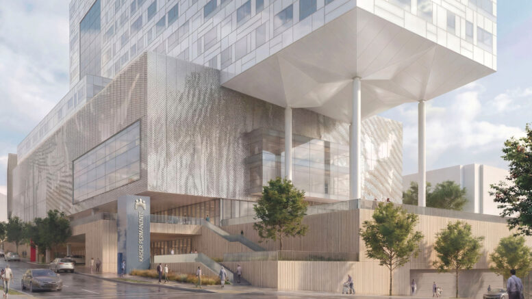 Kaiser Permanente San Francisco replacement hospital pedestrian view from across Divisadero Street, rendering by Perkins&Will