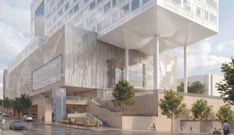 Kaiser Permanente San Francisco replacement hospital pedestrian view from across Divisadero Street, rendering by Perkins&Will