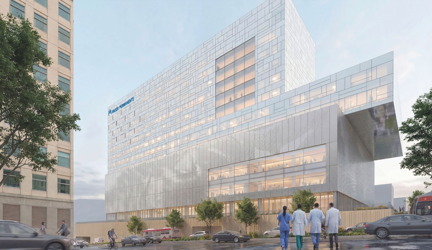 Kaiser Permanente San Francisco replacement hospital seen from across Geary Boulevard, rendering by Perkins&Will