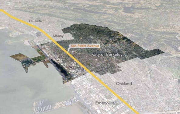 Map of Berkeley with San Pablo Avenue Highlighted, image via City of Berkeley