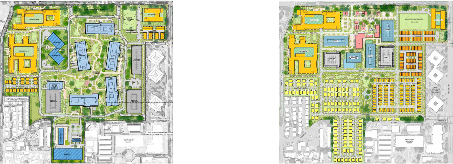 Parkline original masterplan (left) and modified masterplan (right), rendering by SOM