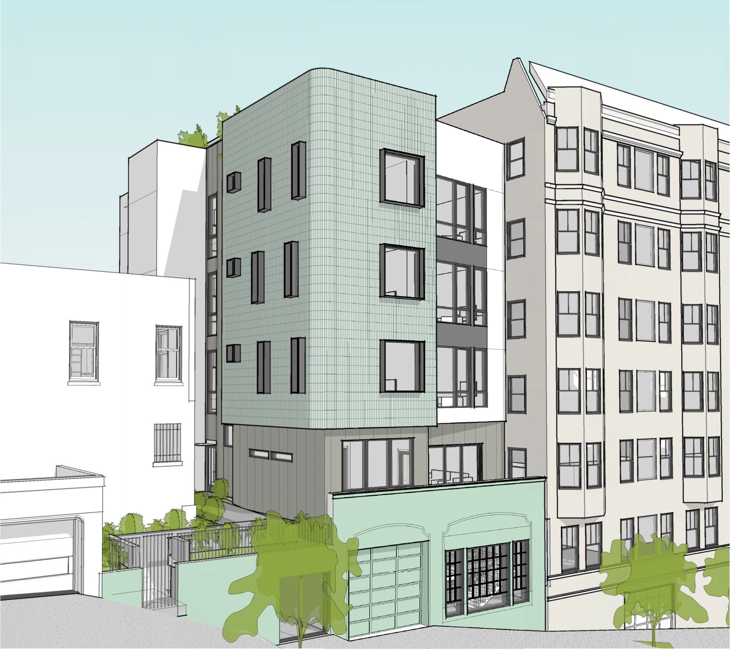 Withdrawn plans for expansion of the detached garage at 2100 Jackson Street, rendering by OpenScope Studio