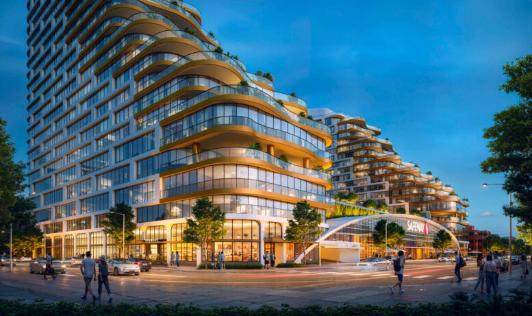 15 Marina Boulevard pedestrian view showcasing the arched Safeway storefront, rendering by Arquitectonica