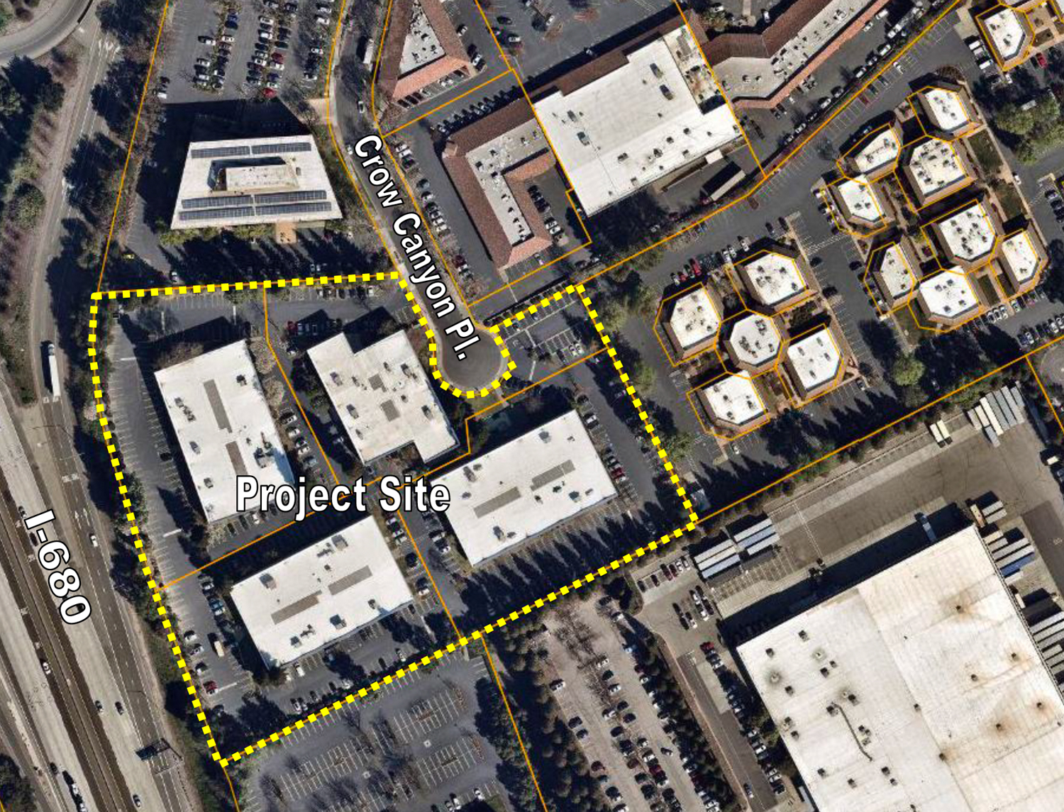 3180 Crow Canyon Place aerial view, site outlined by KTGY Group