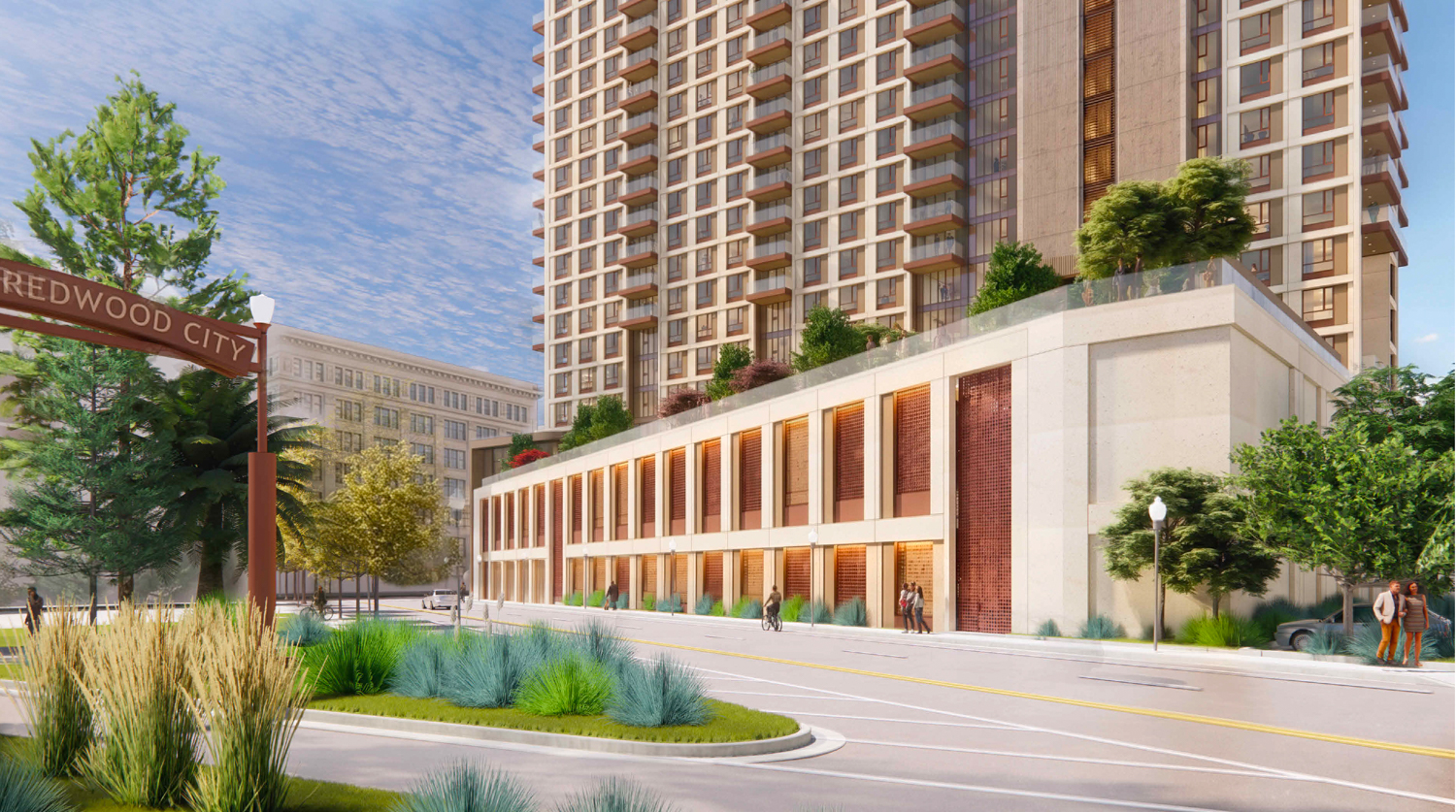 910 Marshall Street podium view from Broadway, rendering by HGA